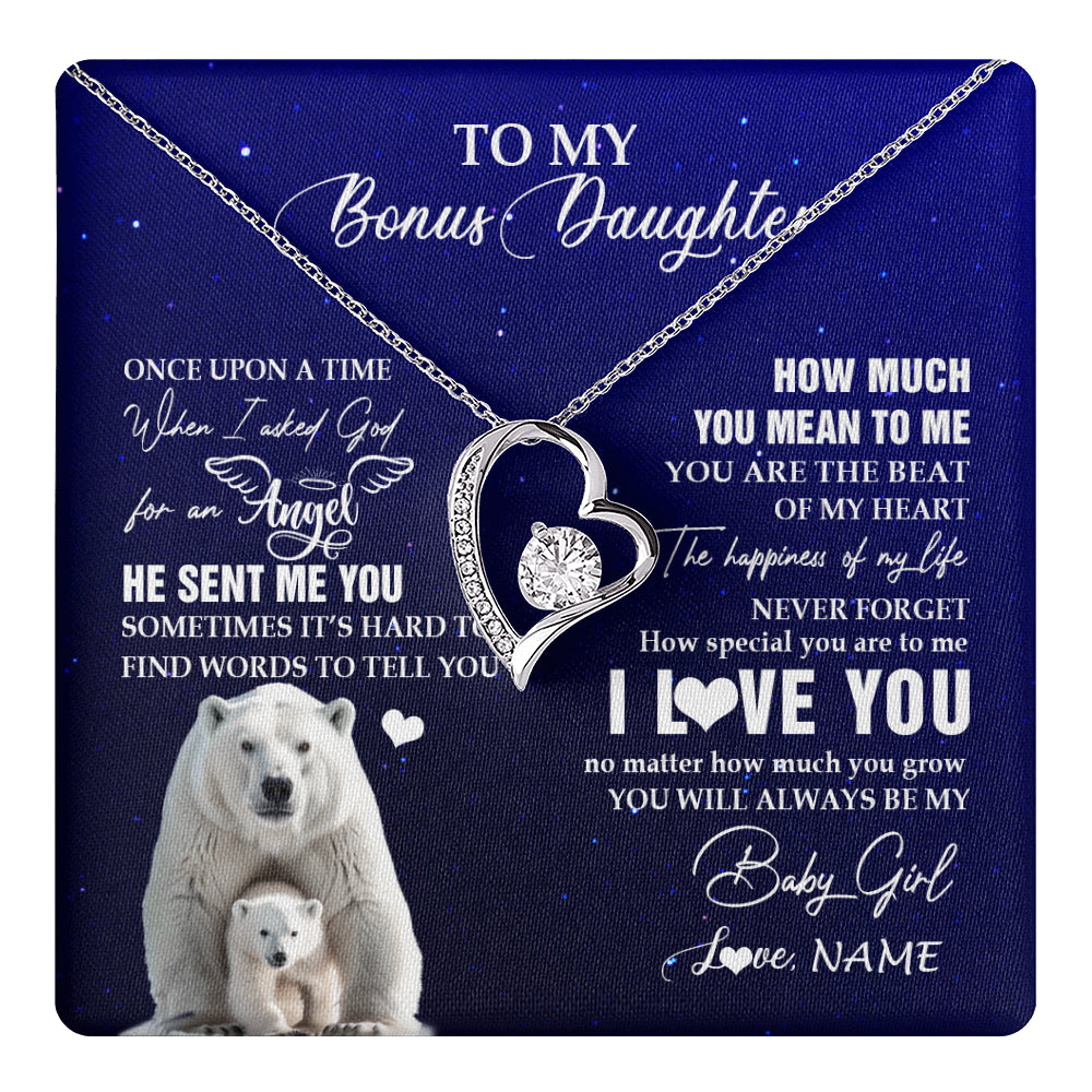 Forever Love Necklace 14K White Gold Finish | 1 | Personalized To My Bonus Daughter Necklace From Step Mother Polar Bear Never Forget I Love You Stepdaughter Birthday Christmas Customized Gift Box Message Card | teecentury
