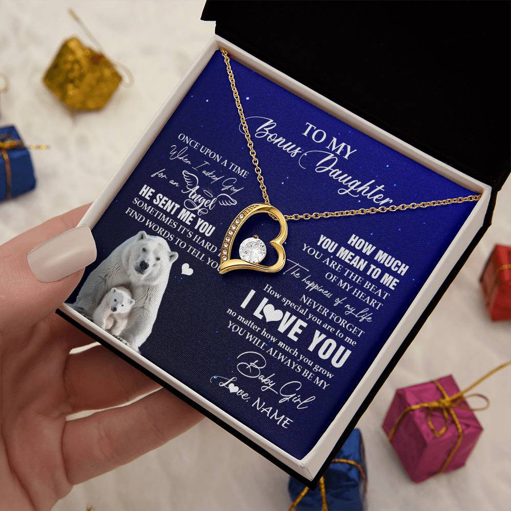 Forever Love Necklace 18K Yellow Gold Finish | 2 | Personalized To My Bonus Daughter Necklace From Step Mother Polar Bear Never Forget I Love You Stepdaughter Birthday Christmas Customized Gift Box Message Card | teecentury