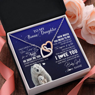 Interlocking Hearts Necklace Stainless Steel & Rose Gold Finish | 2 | Personalized To My Bonus Daughter Necklace From Step Mother Polar Bear Never Forget I Love You Stepdaughter Birthday Christmas Customized Gift Box Message Card | teecentury