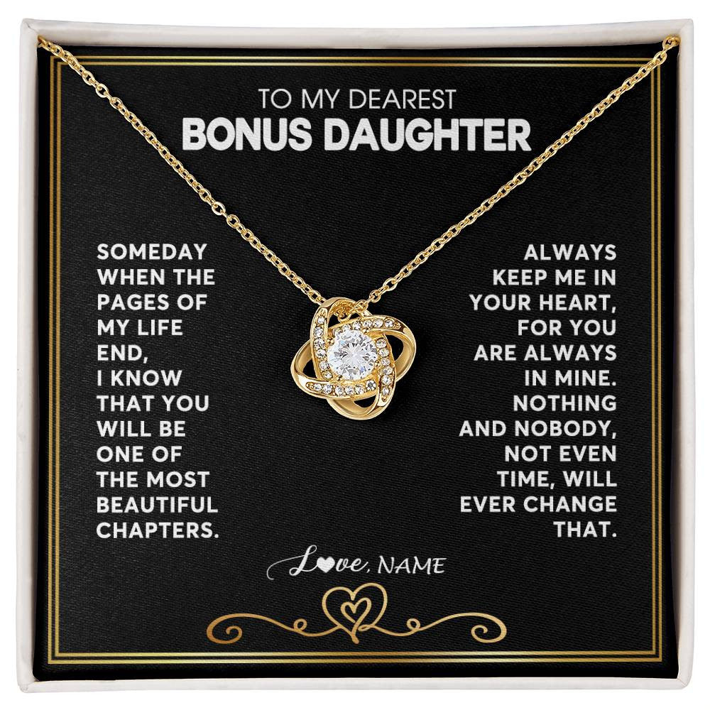 Love Knot Necklace 18K Yellow Gold Finish | 1 | Personalized To My Bonus Daughter Necklace From Step Mother When The Pages Of My Life End Stepdaughter Birthday Christmas Customized Gift Box Message Card | teecentury