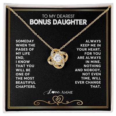 Love Knot Necklace 18K Yellow Gold Finish | 1 | Personalized To My Bonus Daughter Necklace From Step Mother When The Pages Of My Life End Stepdaughter Birthday Christmas Customized Gift Box Message Card | teecentury