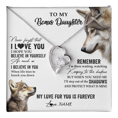 Forever Love Necklace 14K White Gold Finish | 1 | Personalized To My Bonus Daughter Necklace From Step Mother Wolf My Love For You Is Forever Stepdaughter Birthday Christmas Customized Gift Box Message Card | teecentury
