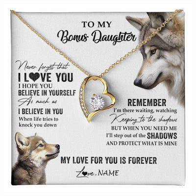Forever Love Necklace 18K Yellow Gold Finish | 1 | Personalized To My Bonus Daughter Necklace From Step Mother Wolf My Love For You Is Forever Stepdaughter Birthday Christmas Customized Gift Box Message Card | teecentury
