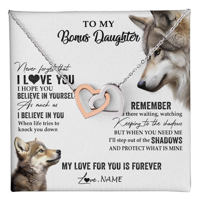 Interlocking Hearts Necklace Stainless Steel & Rose Gold Finish | 1 | Personalized To My Bonus Daughter Necklace From Step Mother Wolf My Love For You Is Forever Stepdaughter Birthday Christmas Customized Gift Box Message Card | teecentury