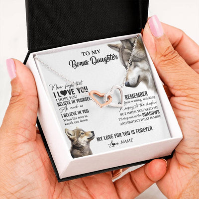 Interlocking Hearts Necklace Stainless Steel & Rose Gold Finish | 2 | Personalized To My Bonus Daughter Necklace From Step Mother Wolf My Love For You Is Forever Stepdaughter Birthday Christmas Customized Gift Box Message Card | teecentury
