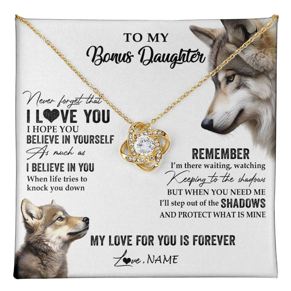 Love Knot Necklace 18K Yellow Gold Finish | 1 | Personalized To My Bonus Daughter Necklace From Step Mother Wolf My Love For You Is Forever Stepdaughter Birthday Christmas Customized Gift Box Message Card | teecentury