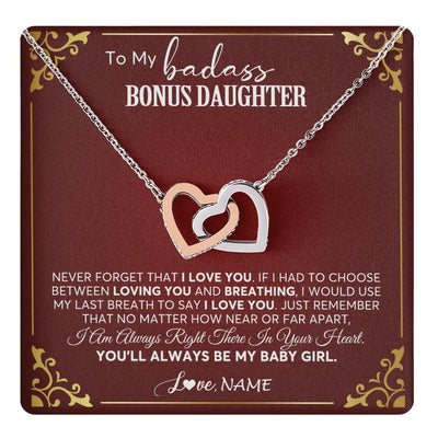 Interlocking Hearts Necklace Stainless Steel & Rose Gold Finish | 1 | Personalized To My Bonus Daughter Necklace From Step Mother You'll Always Be My Stepdaughter Birthday Christmas Customized Gift Box Message Card | teecentury.myshopify