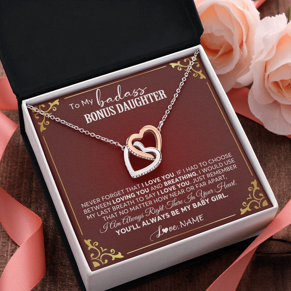 Interlocking Hearts Necklace Stainless Steel & Rose Gold Finish | 2 | Personalized To My Bonus Daughter Necklace From Step Mother You'll Always Be My Stepdaughter Birthday Christmas Customized Gift Box Message Card | teecentury.myshopify