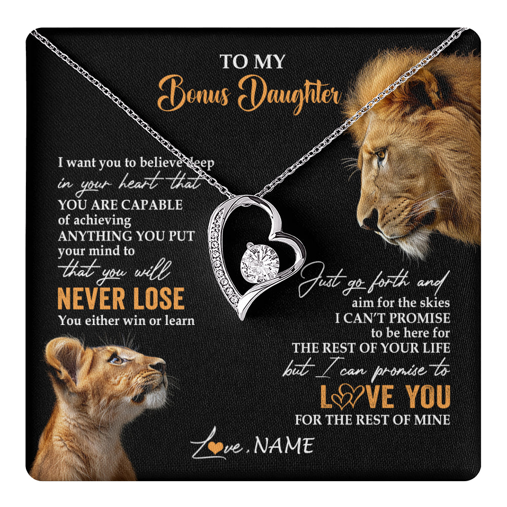 Forever Love Necklace 14K White Gold Finish | 1 | Personalized To My Bonus Daughter Necklace From Stepdad Dad You Will Never Lose Lion Stepdaughter Birthday Gifts Christmas Customized Gift Box Message Card | teecentury