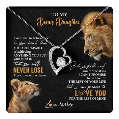 Forever Love Necklace 14K White Gold Finish | 1 | Personalized To My Bonus Daughter Necklace From Stepdad Dad You Will Never Lose Lion Stepdaughter Birthday Gifts Christmas Customized Gift Box Message Card | teecentury