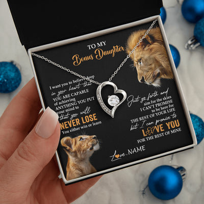 Forever Love Necklace 14K White Gold Finish | 2 | Personalized To My Bonus Daughter Necklace From Stepdad Dad You Will Never Lose Lion Stepdaughter Birthday Gifts Christmas Customized Gift Box Message Card | teecentury