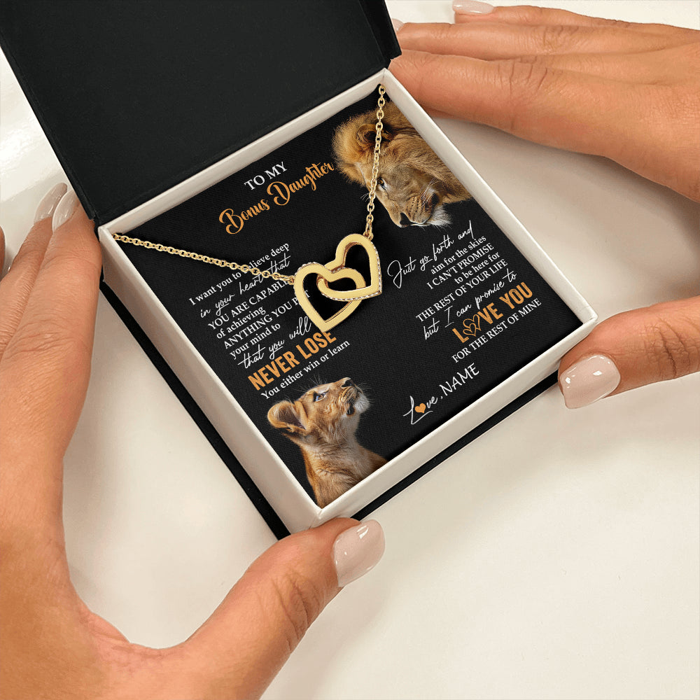 Interlocking Hearts Necklace 18K Yellow Gold Finish | 2 | Personalized To My Bonus Daughter Necklace From Stepdad Dad You Will Never Lose Lion Stepdaughter Birthday Gifts Christmas Customized Gift Box Message Card | teecentury