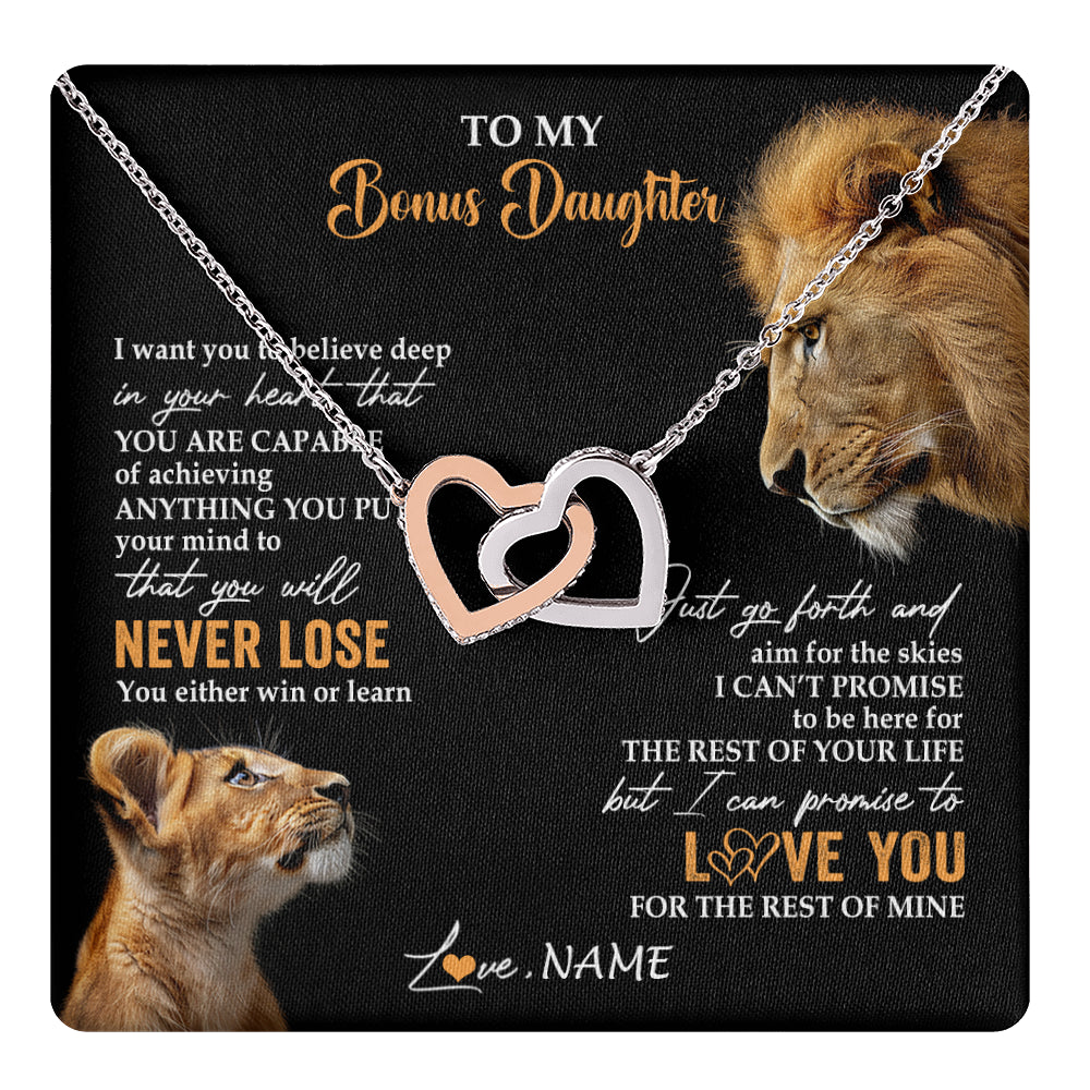 Interlocking Hearts Necklace Stainless Steel & Rose Gold Finish | 1 | Personalized To My Bonus Daughter Necklace From Stepdad Dad You Will Never Lose Lion Stepdaughter Birthday Gifts Christmas Customized Gift Box Message Card | teecentury