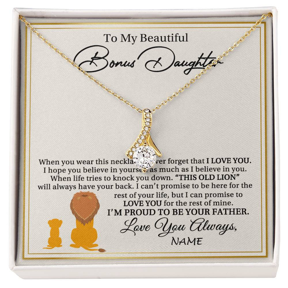Alluring Beauty Necklace 18K Yellow Gold Finish | 1 | Personalized To My Bonus Daughter Necklace From Stepdad I'M Proud To Be Your Father Lion Stepdaughter Birthday Christmas Customized Gift Box Message Card | teecentury