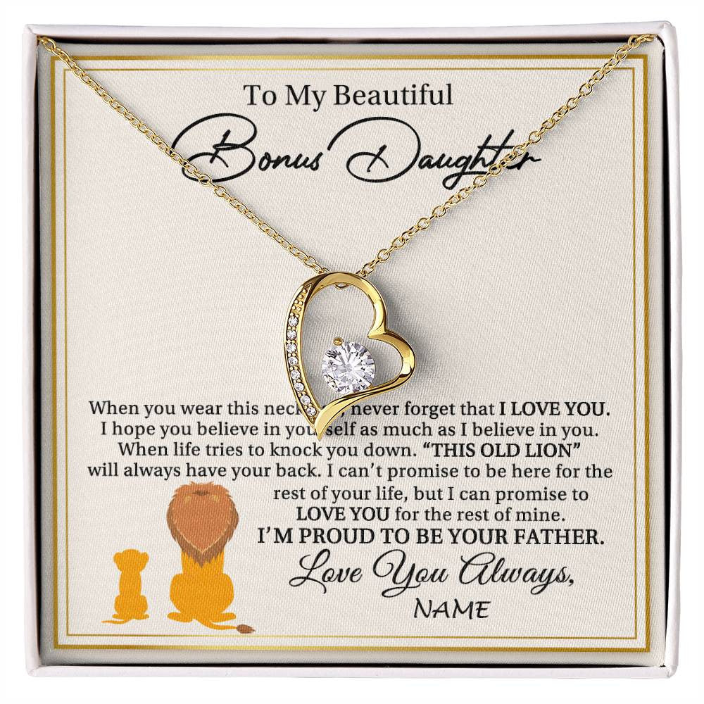 Forever Love Necklace 18K Yellow Gold Finish | 1 | Personalized To My Bonus Daughter Necklace From Stepdad I'M Proud To Be Your Father Lion Stepdaughter Birthday Christmas Customized Gift Box Message Card | teecentury