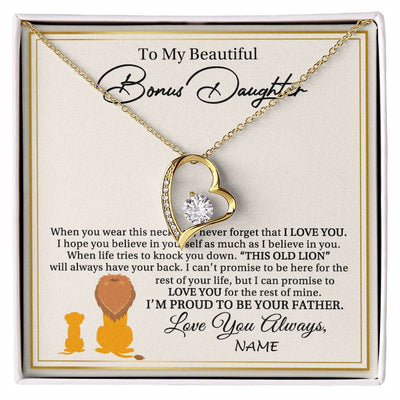 Forever Love Necklace 18K Yellow Gold Finish | 1 | Personalized To My Bonus Daughter Necklace From Stepdad I'M Proud To Be Your Father Lion Stepdaughter Birthday Christmas Customized Gift Box Message Card | teecentury