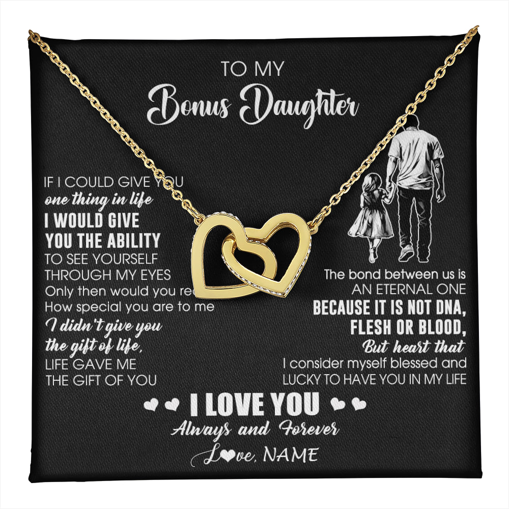 Interlocking Hearts Necklace 18K Yellow Gold Finish | 1 | Personalized To My Bonus Daughter Necklace From Stepdad It Is Not DNA I Love You Birthday Gifts Meaningful Christmas Customized Gift Box Message Card | teecentury
