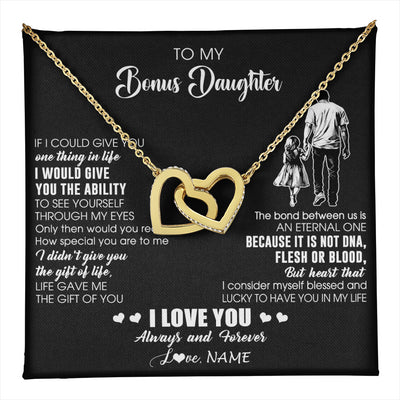 Interlocking Hearts Necklace 18K Yellow Gold Finish | 1 | Personalized To My Bonus Daughter Necklace From Stepdad It Is Not DNA I Love You Birthday Gifts Meaningful Christmas Customized Gift Box Message Card | teecentury