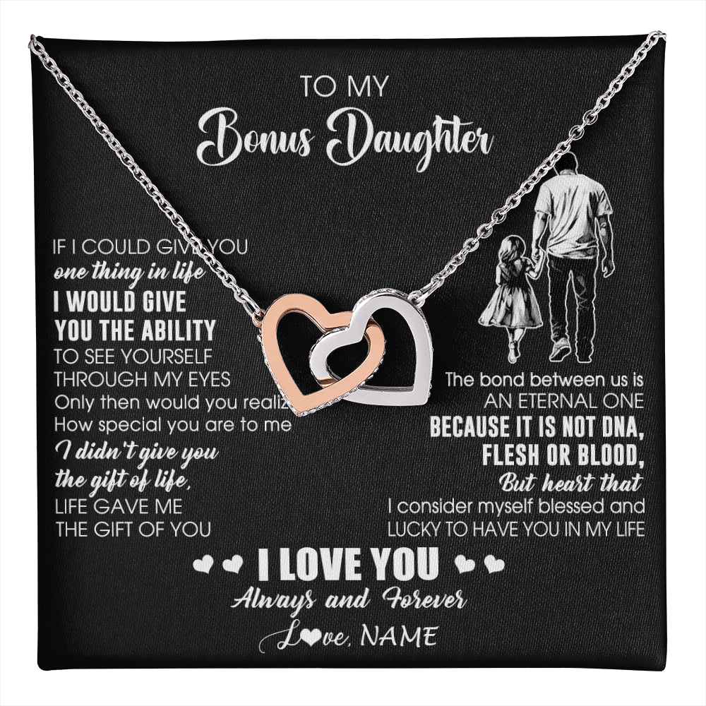 Interlocking Hearts Necklace Stainless Steel & Rose Gold Finish | 1 | Personalized To My Bonus Daughter Necklace From Stepdad It Is Not DNA I Love You Birthday Gifts Meaningful Christmas Customized Gift Box Message Card | teecentury