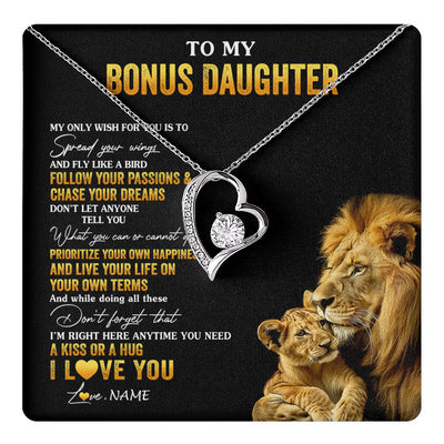 Forever Love Necklace 14K White Gold Finish | 1 | Personalized To My Bonus Daughter Necklace From Stepdad Lion My Only Wish For You Stepdaughter Birthday Graduation Christmas Customized Gift Box Message Card | teecentury