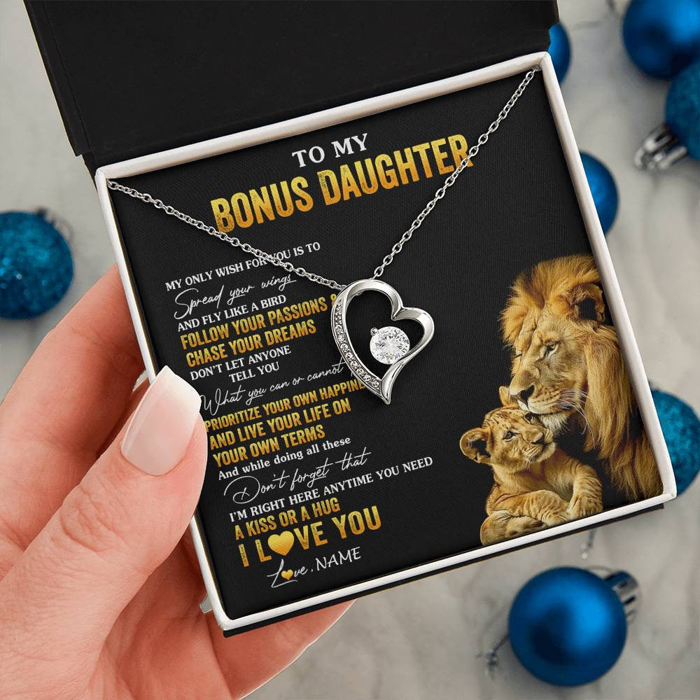 Forever Love Necklace 14K White Gold Finish | 2 | Personalized To My Bonus Daughter Necklace From Stepdad Lion My Only Wish For You Stepdaughter Birthday Graduation Christmas Customized Gift Box Message Card | teecentury
