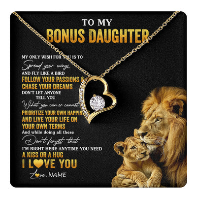Forever Love Necklace 18K Yellow Gold Finish | 1 | Personalized To My Bonus Daughter Necklace From Stepdad Lion My Only Wish For You Stepdaughter Birthday Graduation Christmas Customized Gift Box Message Card | teecentury