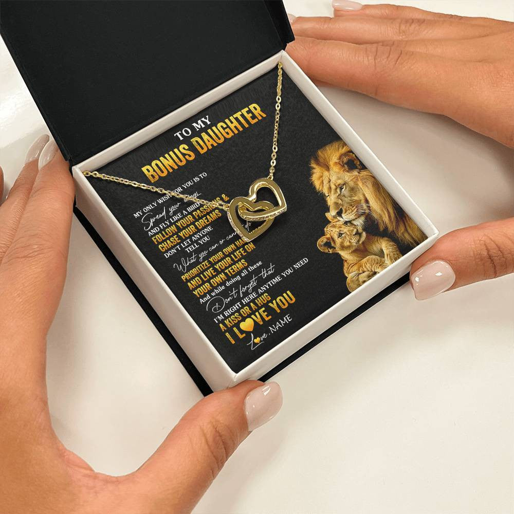 Interlocking Hearts Necklace 18K Yellow Gold Finish | 2 | Personalized To My Bonus Daughter Necklace From Stepdad Lion My Only Wish For You Stepdaughter Birthday Graduation Christmas Customized Gift Box Message Card | teecentury