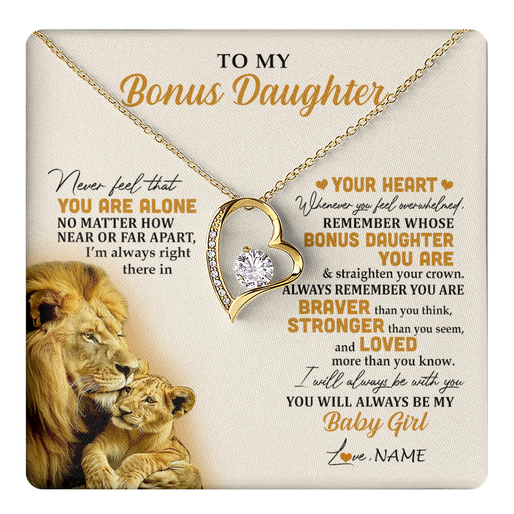 Forever Love Necklace 18K Yellow Gold Finish | 1 | Personalized To My Bonus Daughter Necklace From Stepdad Lion Never Feel You Are Alone Great Stepdaughter Birthday Christmas Customized Gift Box Message Card | teecentury
