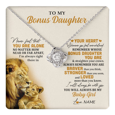 Love Knot Necklace 14K White Gold Finish | 1 | Personalized To My Bonus Daughter Necklace From Stepdad Lion Never Feel You Are Alone Great Stepdaughter Birthday Christmas Customized Gift Box Message Card | teecentury