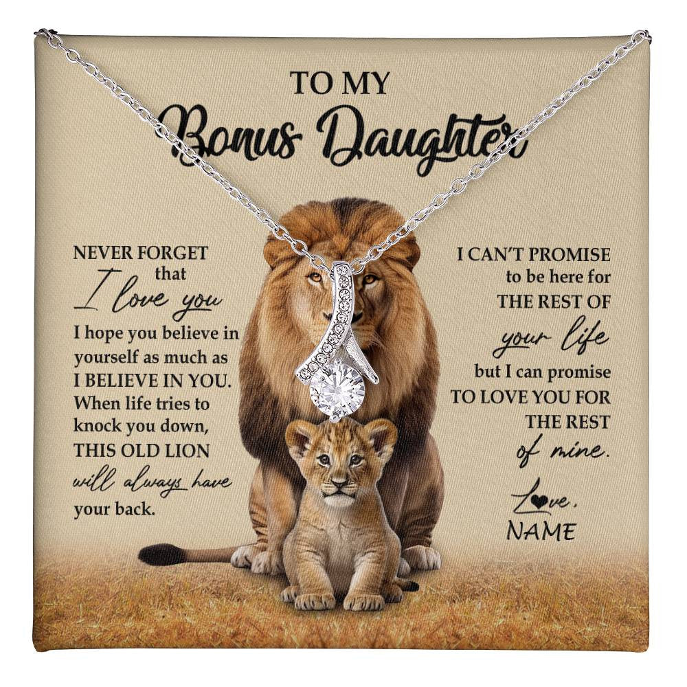 Alluring Beauty Necklace 14K White Gold Finish | 1 | Personalized To My Bonus Daughter Necklace From Stepdad Lion Never Forget That I Love You Stepdaughter Jewelry Birthday Christmas Customized Message Card | teecentury