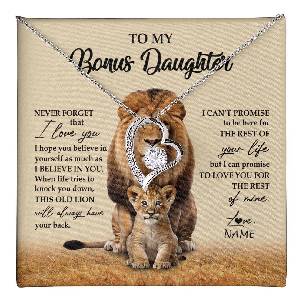 Forever Love Necklace 14K White Gold Finish | 1 | Personalized To My Bonus Daughter Necklace From Stepdad Lion Never Forget That I Love You Stepdaughter Jewelry Birthday Christmas Customized Message Card | teecentury