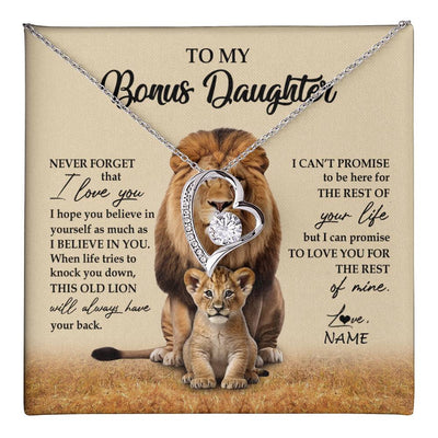 Forever Love Necklace 14K White Gold Finish | 1 | Personalized To My Bonus Daughter Necklace From Stepdad Lion Never Forget That I Love You Stepdaughter Jewelry Birthday Christmas Customized Message Card | teecentury