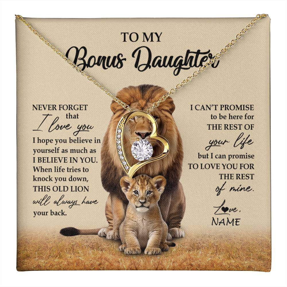 Forever Love Necklace 18K Yellow Gold Finish | 1 | Personalized To My Bonus Daughter Necklace From Stepdad Lion Never Forget That I Love You Stepdaughter Jewelry Birthday Christmas Customized Message Card | teecentury