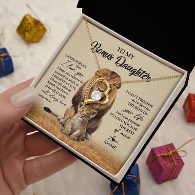 Forever Love Necklace 18K Yellow Gold Finish | 2 | Personalized To My Bonus Daughter Necklace From Stepdad Lion Never Forget That I Love You Stepdaughter Jewelry Birthday Christmas Customized Message Card | teecentury