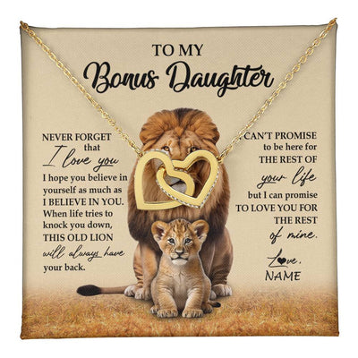 Interlocking Hearts Necklace 18K Yellow Gold Finish | 1 | Personalized To My Bonus Daughter Necklace From Stepdad Lion Never Forget That I Love You Stepdaughter Jewelry Birthday Christmas Customized Message Card | teecentury