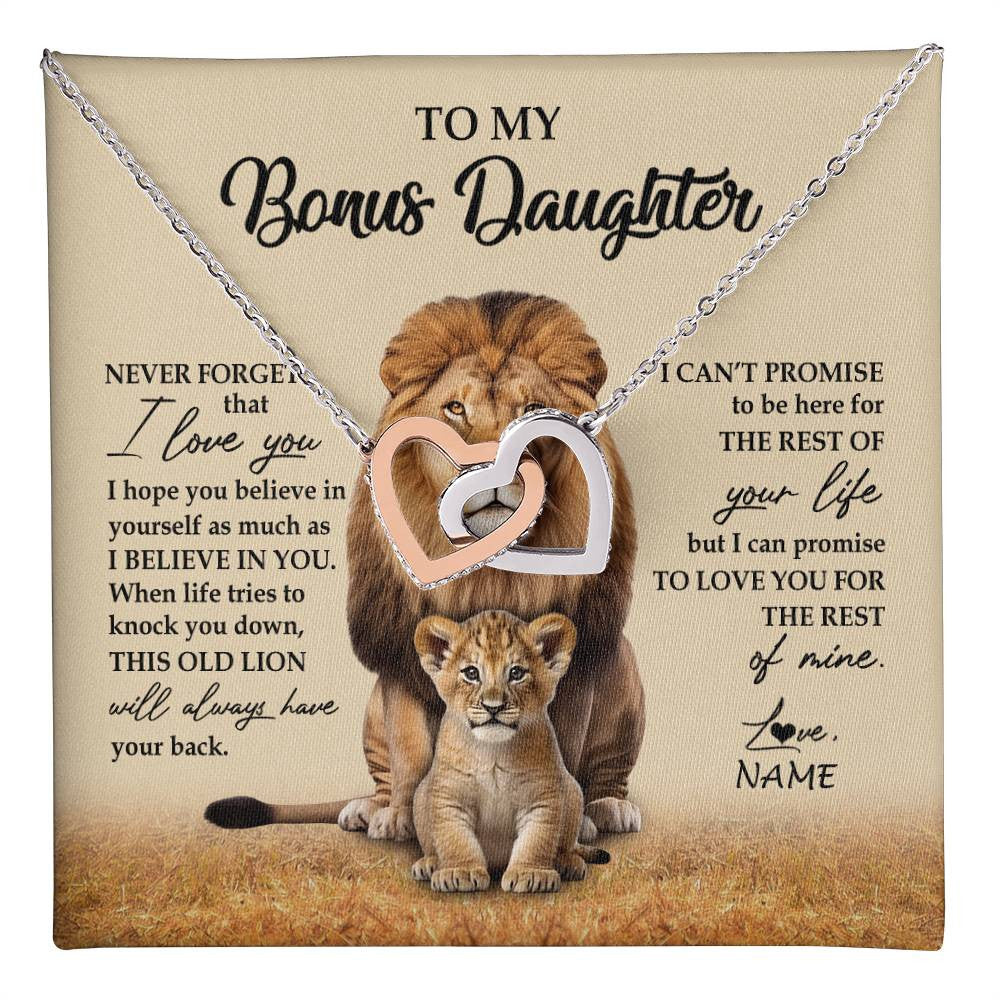 Interlocking Hearts Necklace Stainless Steel & Rose Gold Finish | 1 | Personalized To My Bonus Daughter Necklace From Stepdad Lion Never Forget That I Love You Stepdaughter Jewelry Birthday Christmas Customized Message Card | teecentury