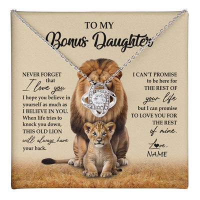 Love Knot Necklace 14K White Gold Finish | 1 | Personalized To My Bonus Daughter Necklace From Stepdad Lion Never Forget That I Love You Stepdaughter Jewelry Birthday Christmas Customized Message Card | teecentury