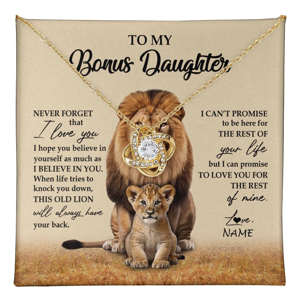 Love Knot Necklace 18K Yellow Gold Finish | 1 | Personalized To My Bonus Daughter Necklace From Stepdad Lion Never Forget That I Love You Stepdaughter Jewelry Birthday Christmas Customized Message Card | teecentury