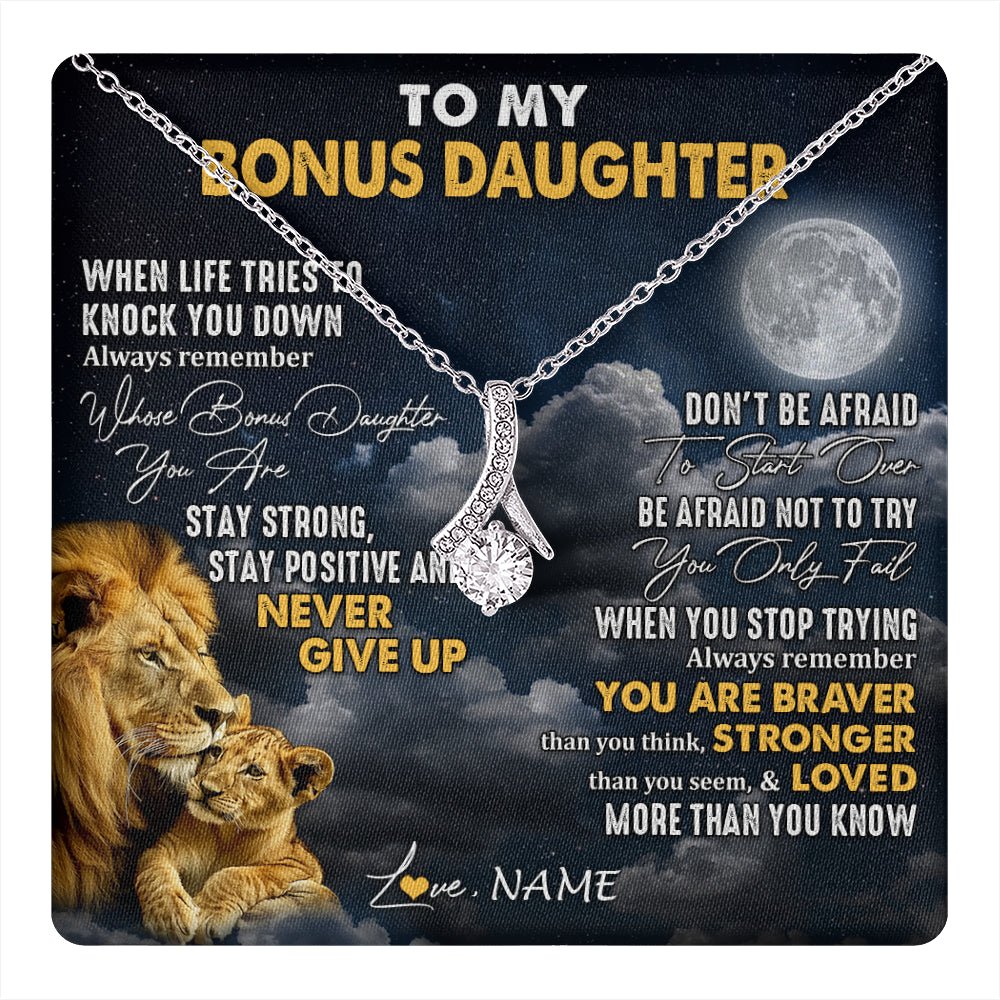 Alluring Beauty Necklace 14K White Gold Finish | 1 | Personalized To My Bonus Daughter Necklace From Stepdad Lion Never Give Up Stepdaughter Birthday Graduation Christmas Customized Gift Box Message Card | teecentury
