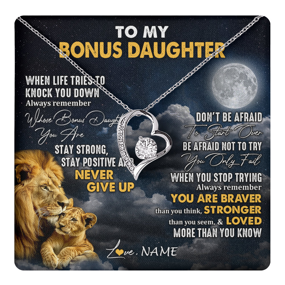 Forever Love Necklace 14K White Gold Finish | 1 | Personalized To My Bonus Daughter Necklace From Stepdad Lion Never Give Up Stepdaughter Birthday Graduation Christmas Customized Gift Box Message Card | teecentury