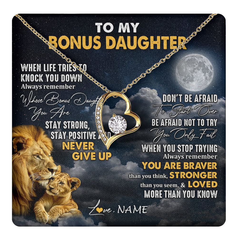 Forever Love Necklace 18K Yellow Gold Finish | 1 | Personalized To My Bonus Daughter Necklace From Stepdad Lion Never Give Up Stepdaughter Birthday Graduation Christmas Customized Gift Box Message Card | teecentury