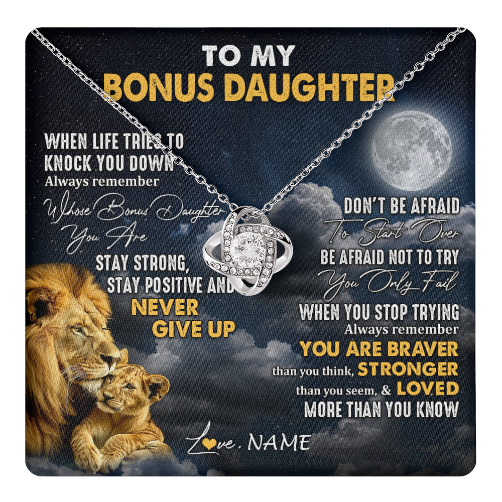 Love Knot Necklace 14K White Gold Finish | 1 | Personalized To My Bonus Daughter Necklace From Stepdad Lion Never Give Up Stepdaughter Birthday Graduation Christmas Customized Gift Box Message Card | teecentury