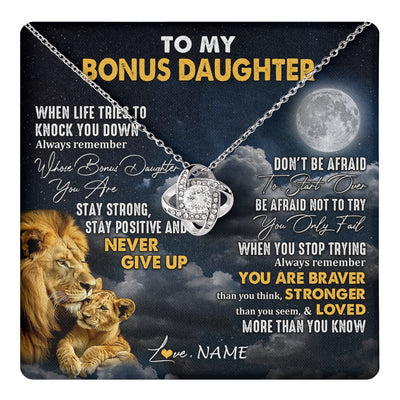 Love Knot Necklace 14K White Gold Finish | 1 | Personalized To My Bonus Daughter Necklace From Stepdad Lion Never Give Up Stepdaughter Birthday Graduation Christmas Customized Gift Box Message Card | teecentury