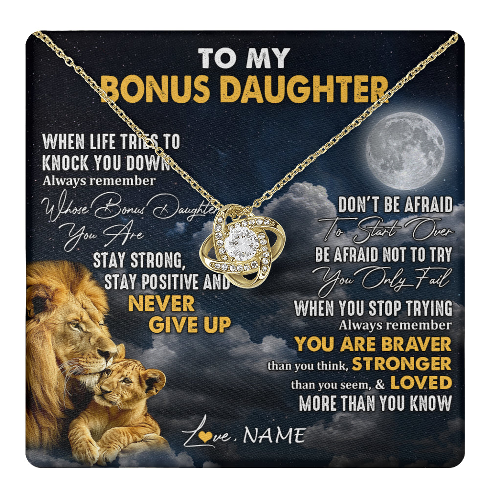 Love Knot Necklace 18K Yellow Gold Finish | 1 | Personalized To My Bonus Daughter Necklace From Stepdad Lion Never Give Up Stepdaughter Birthday Graduation Christmas Customized Gift Box Message Card | teecentury