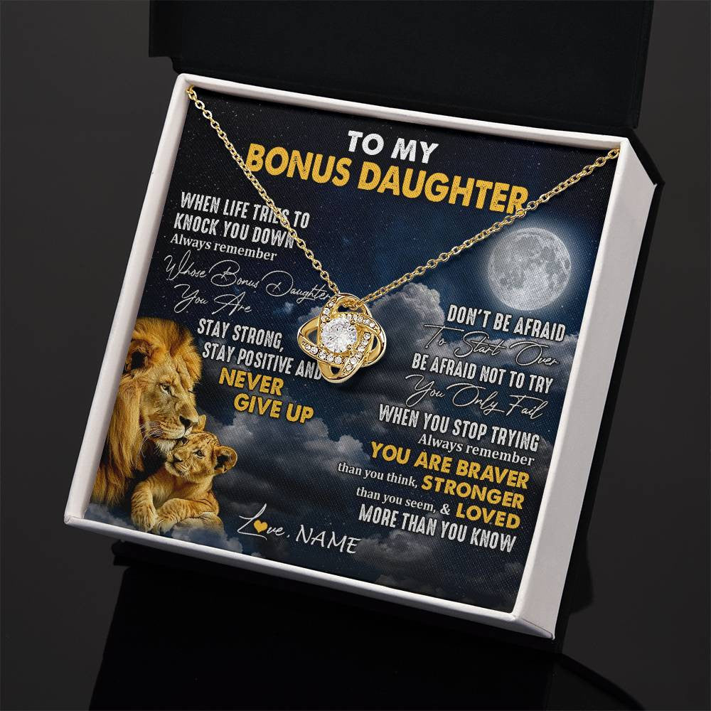 Love Knot Necklace 18K Yellow Gold Finish | 2 | Personalized To My Bonus Daughter Necklace From Stepdad Lion Never Give Up Stepdaughter Birthday Graduation Christmas Customized Gift Box Message Card | teecentury