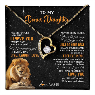 Forever Love Necklace 18K Yellow Gold Finish | 1 | Personalized To My Bonus Daughter Necklace From Stepdad Live Laugh Love Lion Stepdaughter Birthday Gifts Positive Christmas Customized Gift Box Message Card | teecentury
