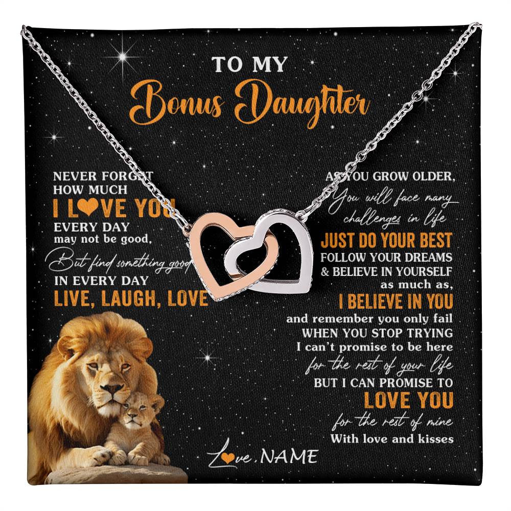 Interlocking Hearts Necklace Stainless Steel & Rose Gold Finish | 1 | Personalized To My Bonus Daughter Necklace From Stepdad Live Laugh Love Lion Stepdaughter Birthday Gifts Positive Christmas Customized Gift Box Message Card | teecentury