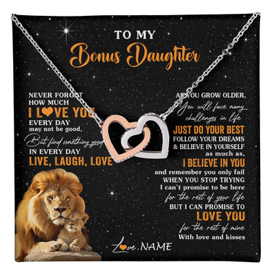 Interlocking Hearts Necklace Stainless Steel & Rose Gold Finish | 1 | Personalized To My Bonus Daughter Necklace From Stepdad Live Laugh Love Lion Stepdaughter Birthday Gifts Positive Christmas Customized Gift Box Message Card | teecentury