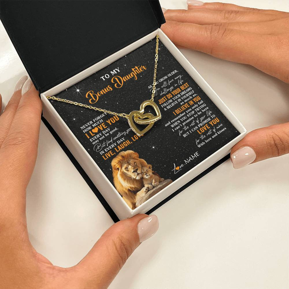 Interlocking Hearts Necklace 18K Yellow Gold Finish | 2 | Personalized To My Bonus Daughter Necklace From Stepdad Live Laugh Love Lion Stepdaughter Birthday Gifts Positive Christmas Customized Gift Box Message Card | teecentury