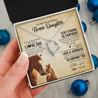 Forever Love Necklace 14K White Gold Finish | 2 | Personalized To My Bonus Daughter Necklace From Stepdad Mom Always Remember I Love You Horse Stepddaughter Birthday Christmas Customized Gift Box Message Card | teecentury